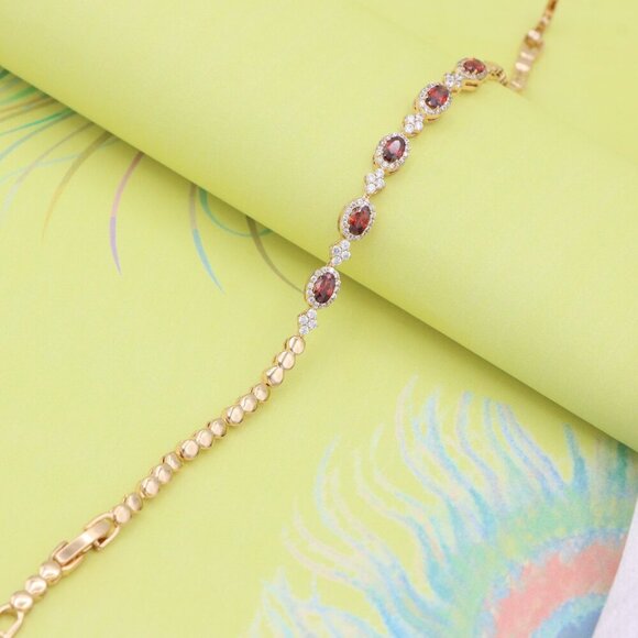 "Rose Gold Plated Red Oval Stone Bracelet with White Accents, XPBL0778 - Picture 3 of 11